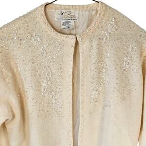 Vintage Beaded Cardigan Sweater Primstyle 38 Cream Angora Wool Sequin Hong Kong